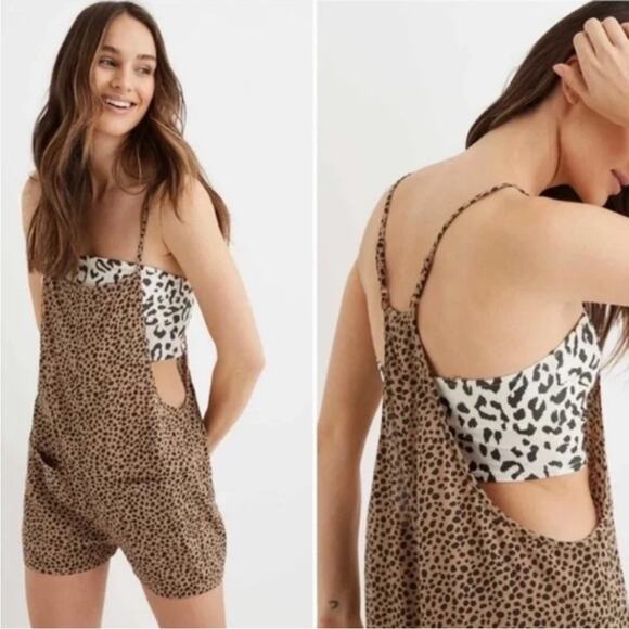 Aerie Bundle Two Pairs Leopard Romper Shortalls Brown and White S - Picture 3 of 9
